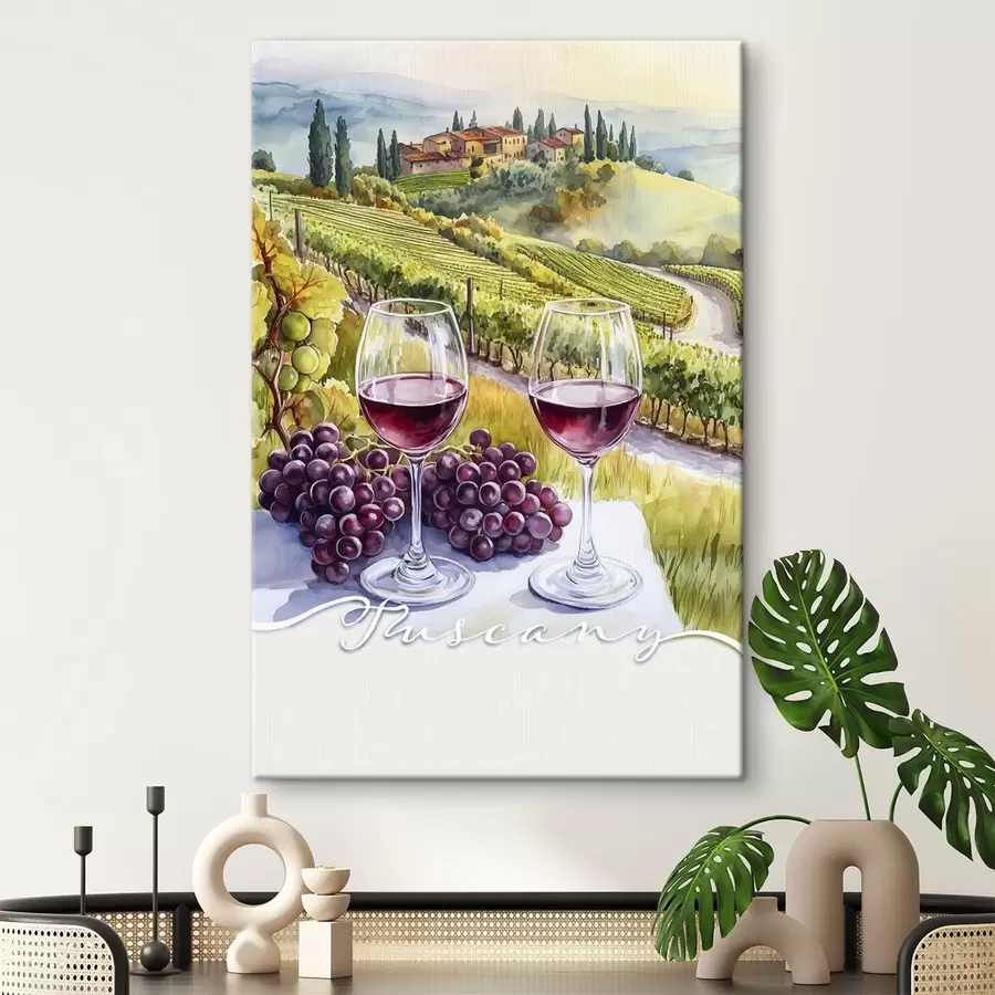  Peintures Paysages de Toscane, style aquarelle, verres à vin, raisins, coucher de soleil s42439