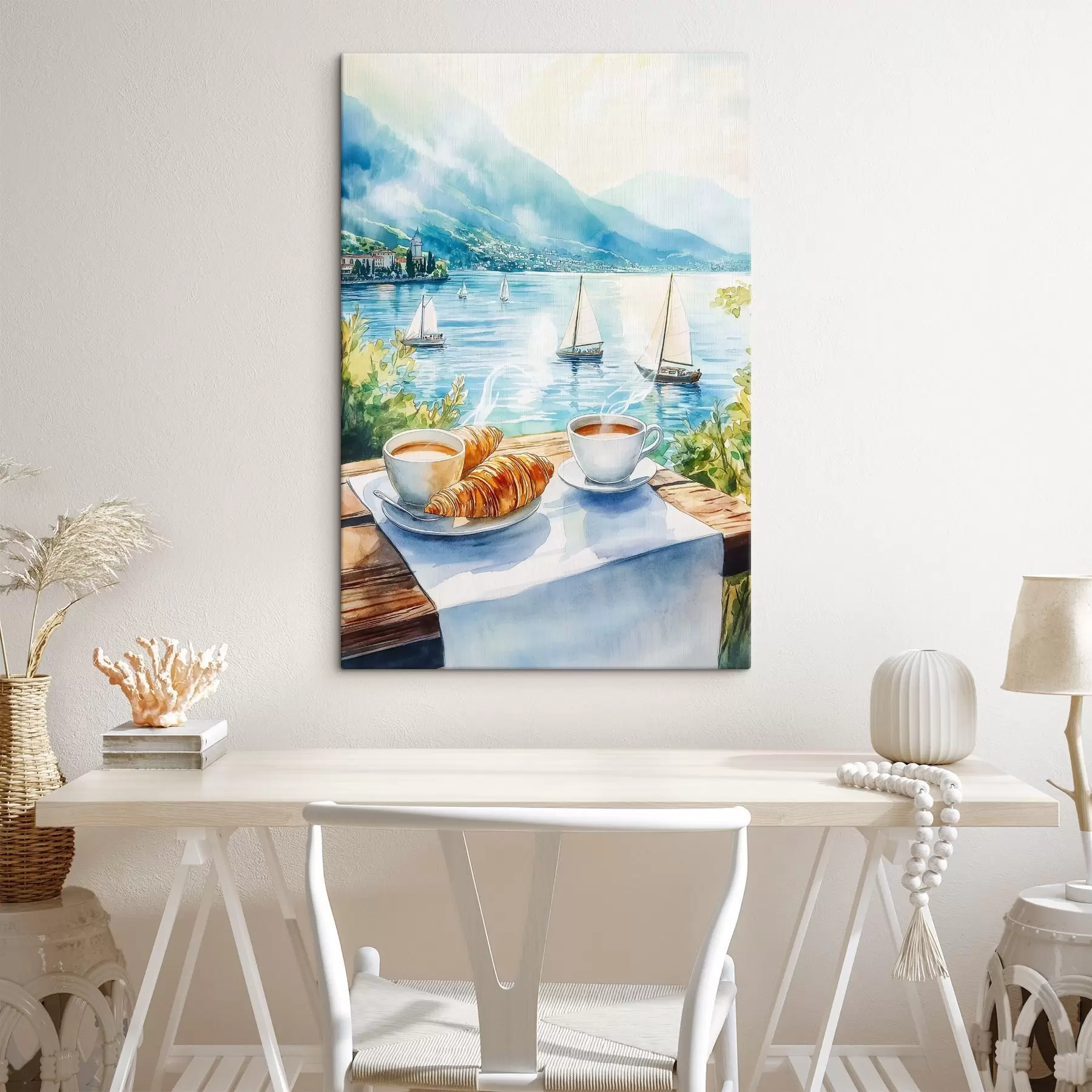  Schilderijen Zomers meer met zeilboten, kopjes koffie, croissants, aquarelstijl s42441