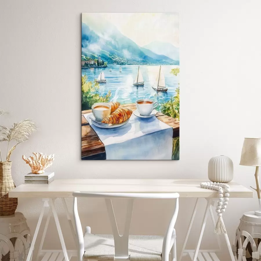 Schilderijen Zomers meer met zeilboten, kopjes koffie, croissants, aquarelstijl s42441