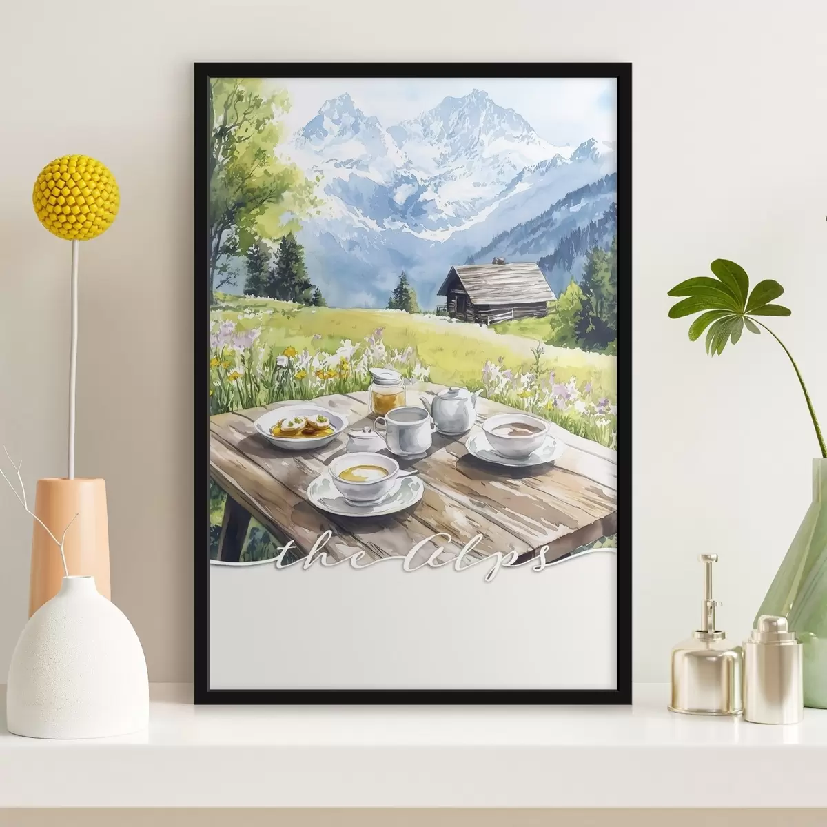 Affiche Les Alpes, paysage de montagne, nature estivale, maison en bois f42424