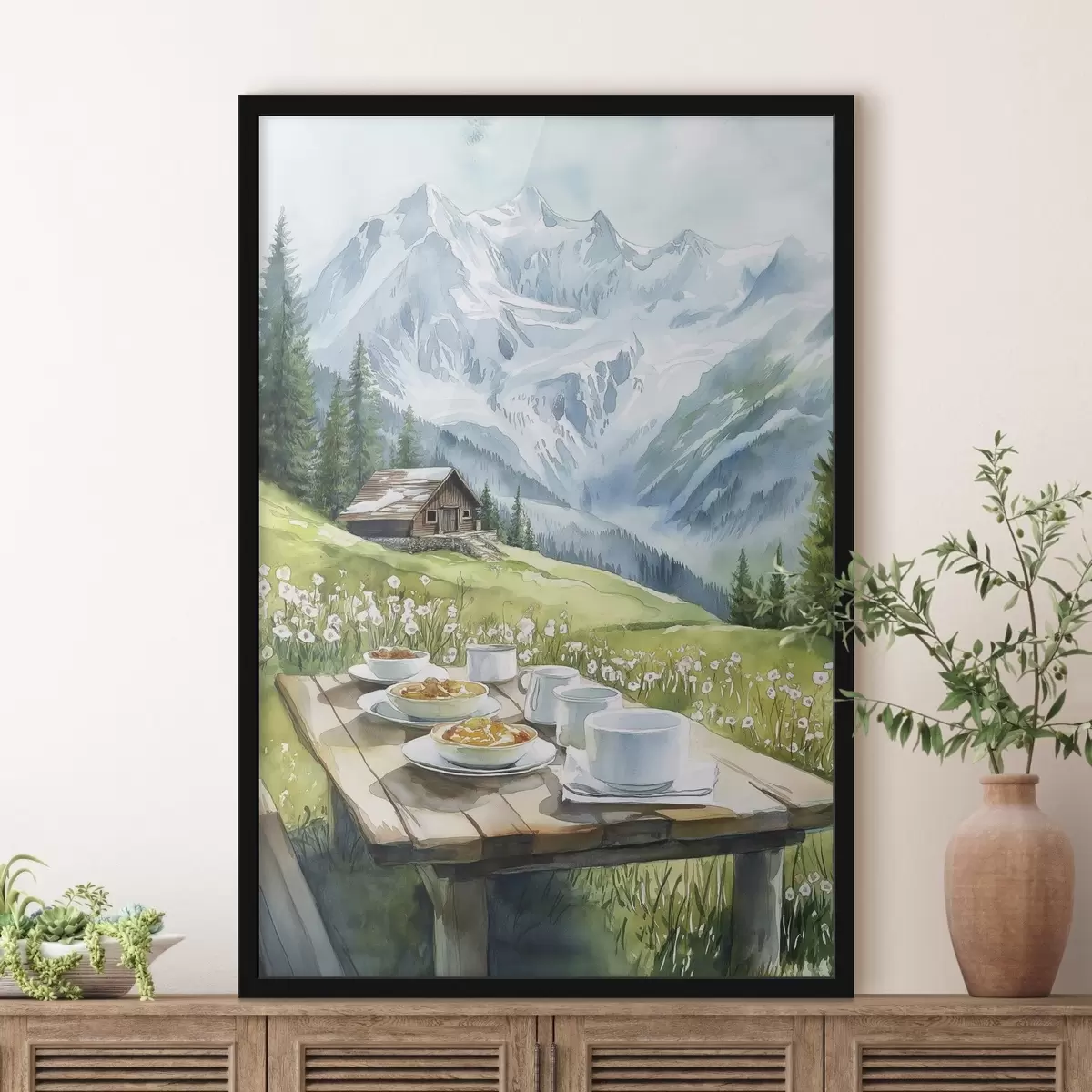 Poster Ontbijt in de Alpen, bergen, bos, natuur, zomer, aquarel stijl f42426