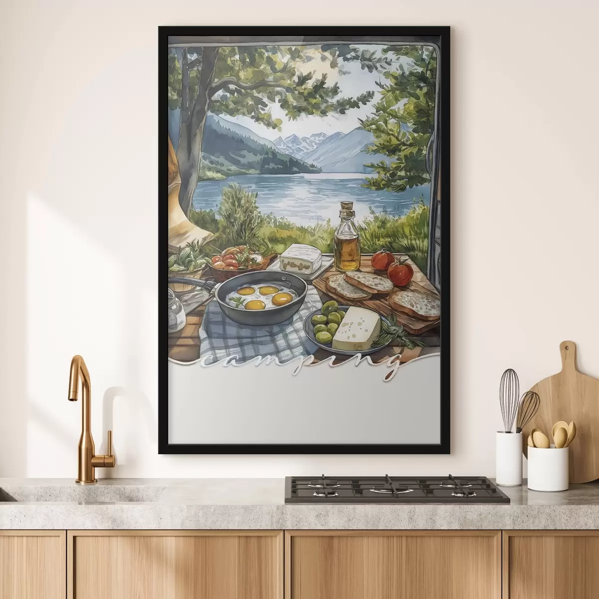 Affiche Camping esthétique, style aquarelle, lac d'été, nature, nourriture f42428