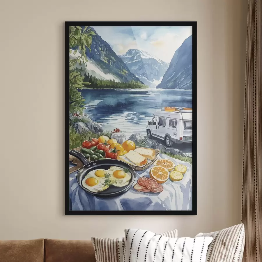 Fotobehang Reizen, buitenleven, aquarelstijl, Noorwegen, ontbijt f42430