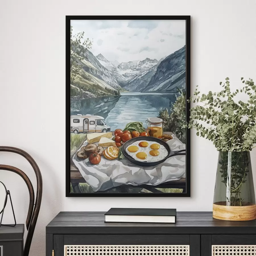 Fotobehang Reizen, natuurlandschappen, aquarelstijl, Noorwegen, ontbijt, bestelwagen f42431