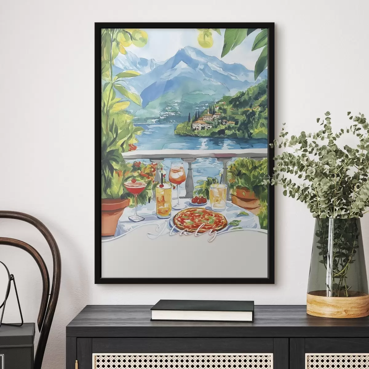 Affiche Italie esthétique, style aquarelle, pizza et cocktails, montagnes f42434