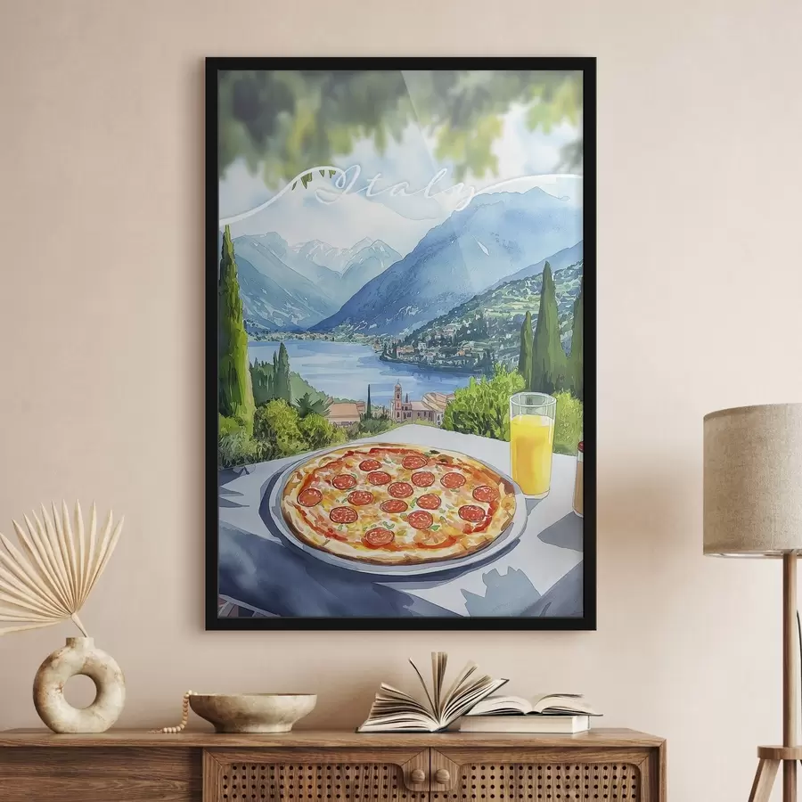 Fotobehang Aquarel stijl, Italië, pizza, oude stad, bergen landschap f42435