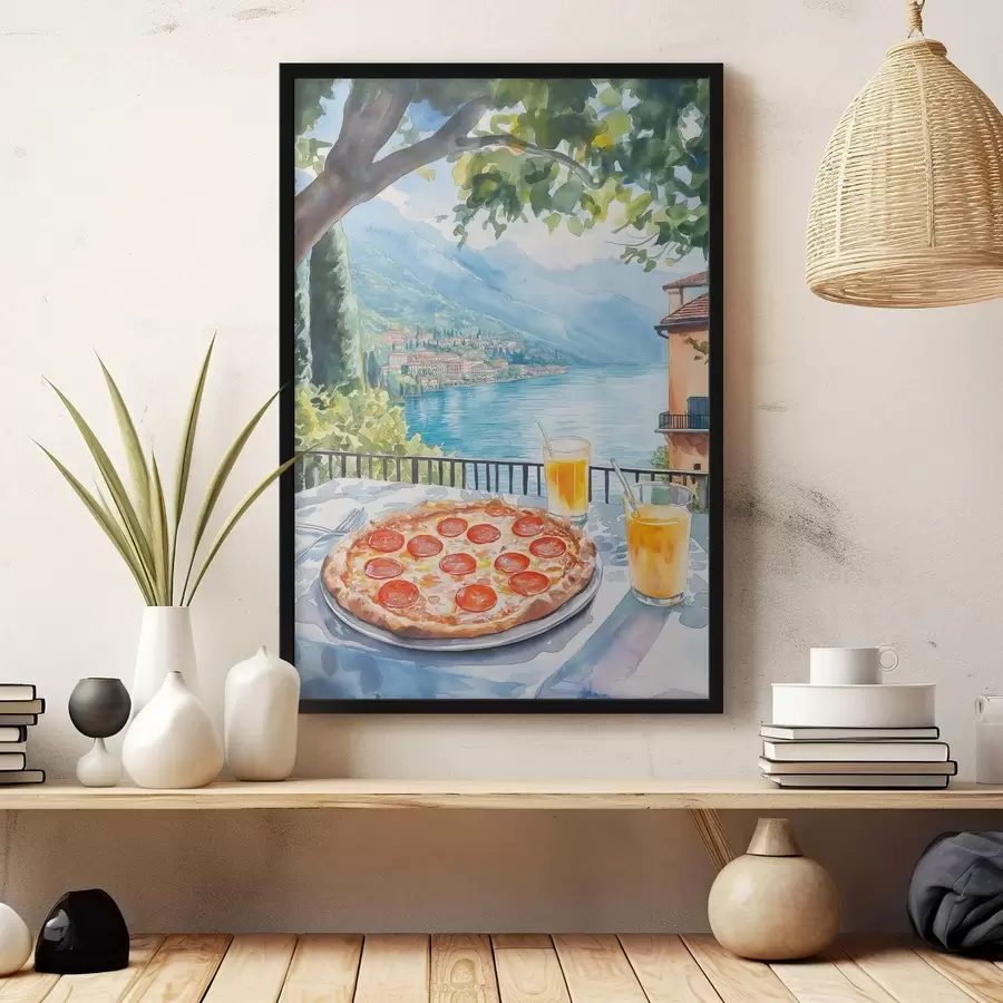 Fotobehang Brunch in Italië, aquarelstijl, pizza margarita, meer, zomernatuur f42436