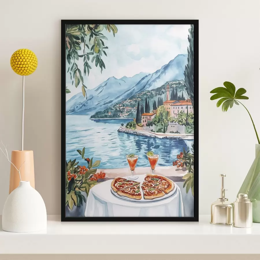 Fotobehang Comomeer, Italië, aquarelstijl, pizza, cocktails, oude stad, bergen f42437