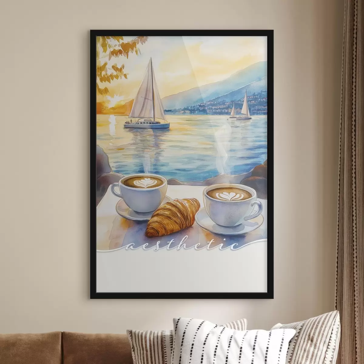 Affiche Deux tasses de cappuccino, aquarelle, coucher de soleil, voiliers, vocation f42438