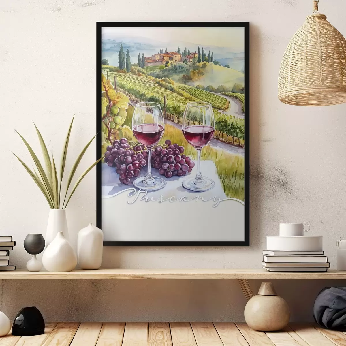 Poster Tuscany landschappen, aquarel stijl, wijnglazen, druiven, zonsondergang f42439
