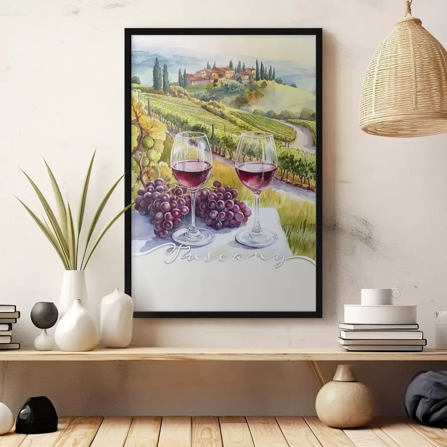 Fotobehang Tuscany landschappen, aquarel stijl, wijnglazen, druiven, zonsondergang f42439