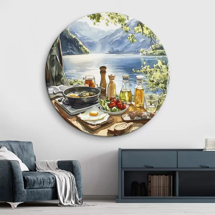  Schilderijen Mooie zomerochtend, meer, aquarel stijl, ontbijt, reizen r42433