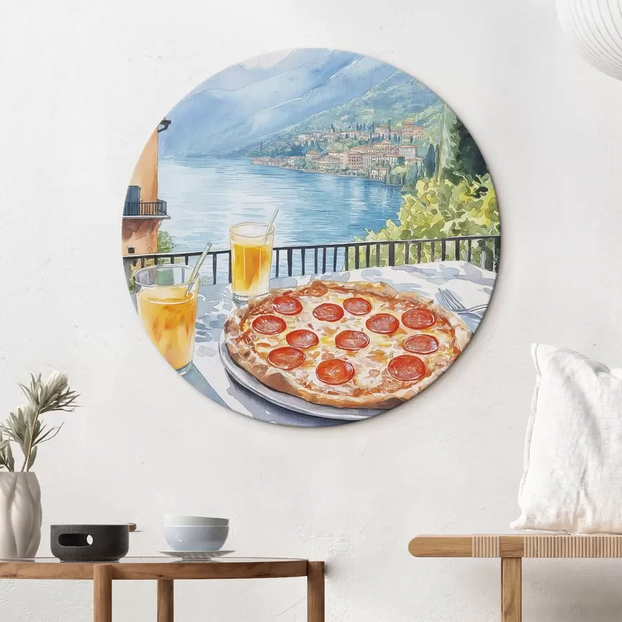  Schilderijen Brunch in Italië, aquarelstijl, pizza margarita, meer, zomernatuur r42436