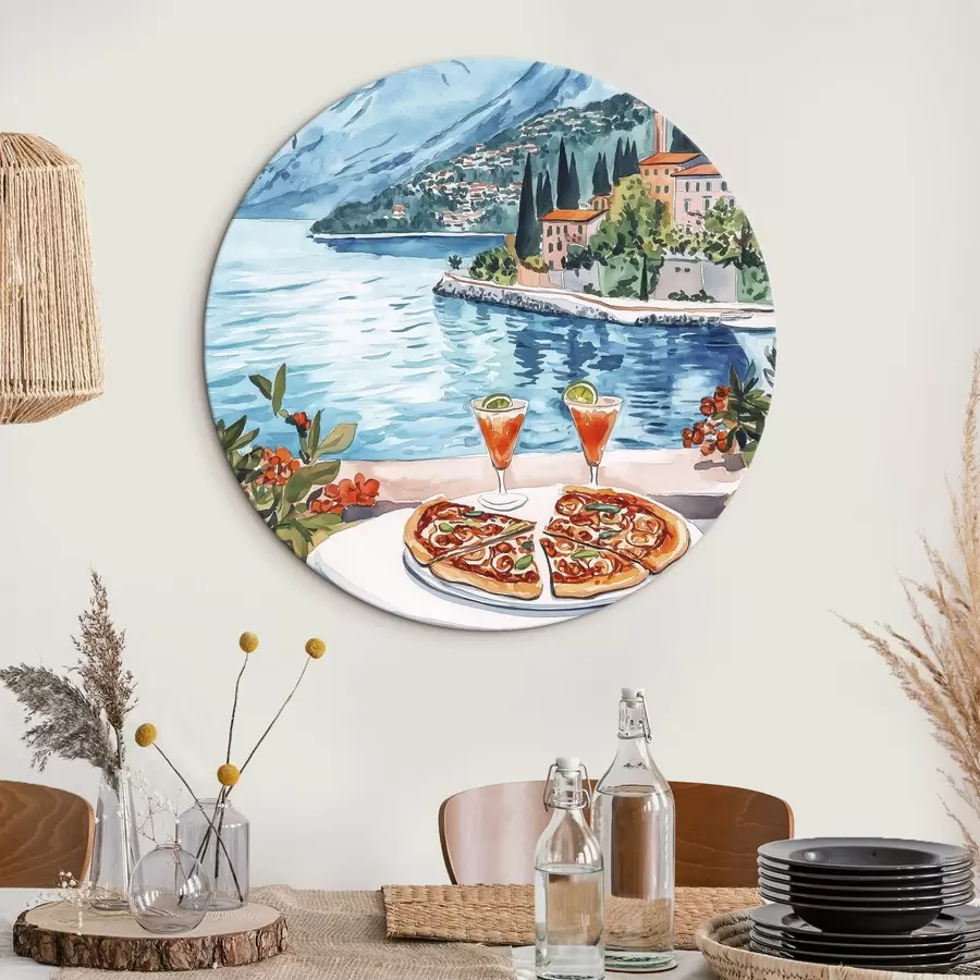  Schilderijen Comomeer, Italië, aquarelstijl, pizza, cocktails, oude stad, bergen r42437