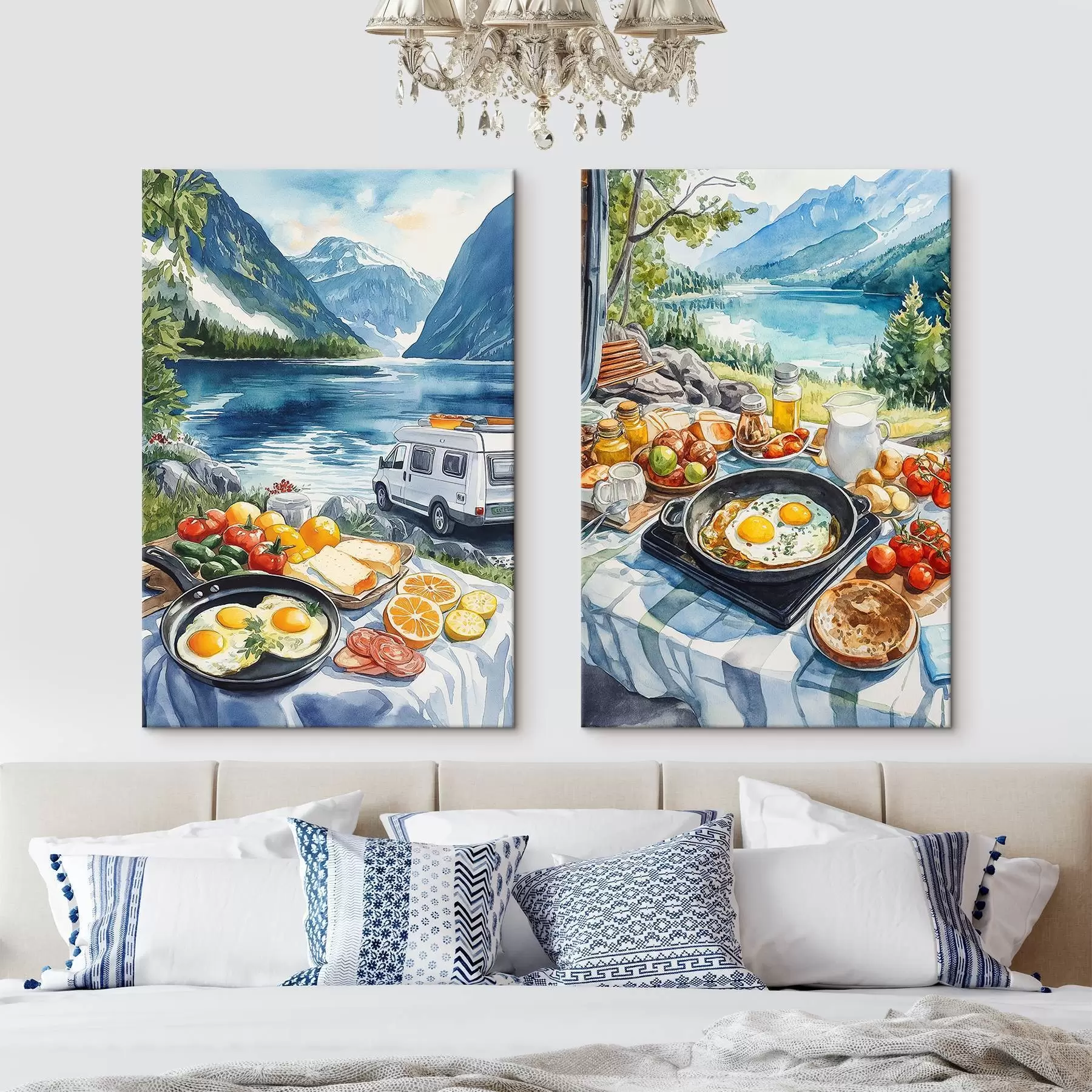  Peintures Petit déjeuner dans la nature, voyage, vie en plein air, style aquarelle, Norvège m00404