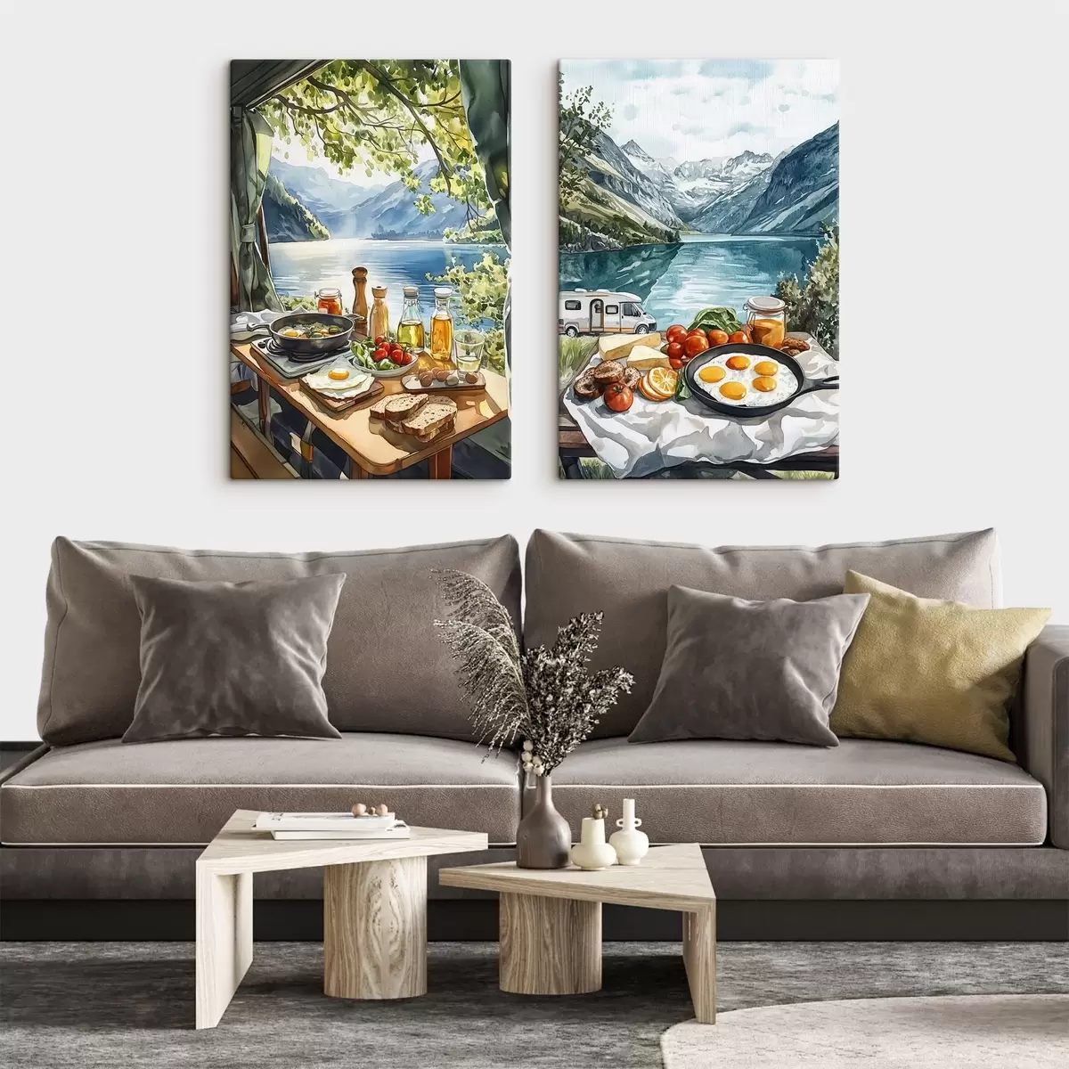  Peintures Camping, petit déjeuner esthétique près du lac, style aquarelle m00405