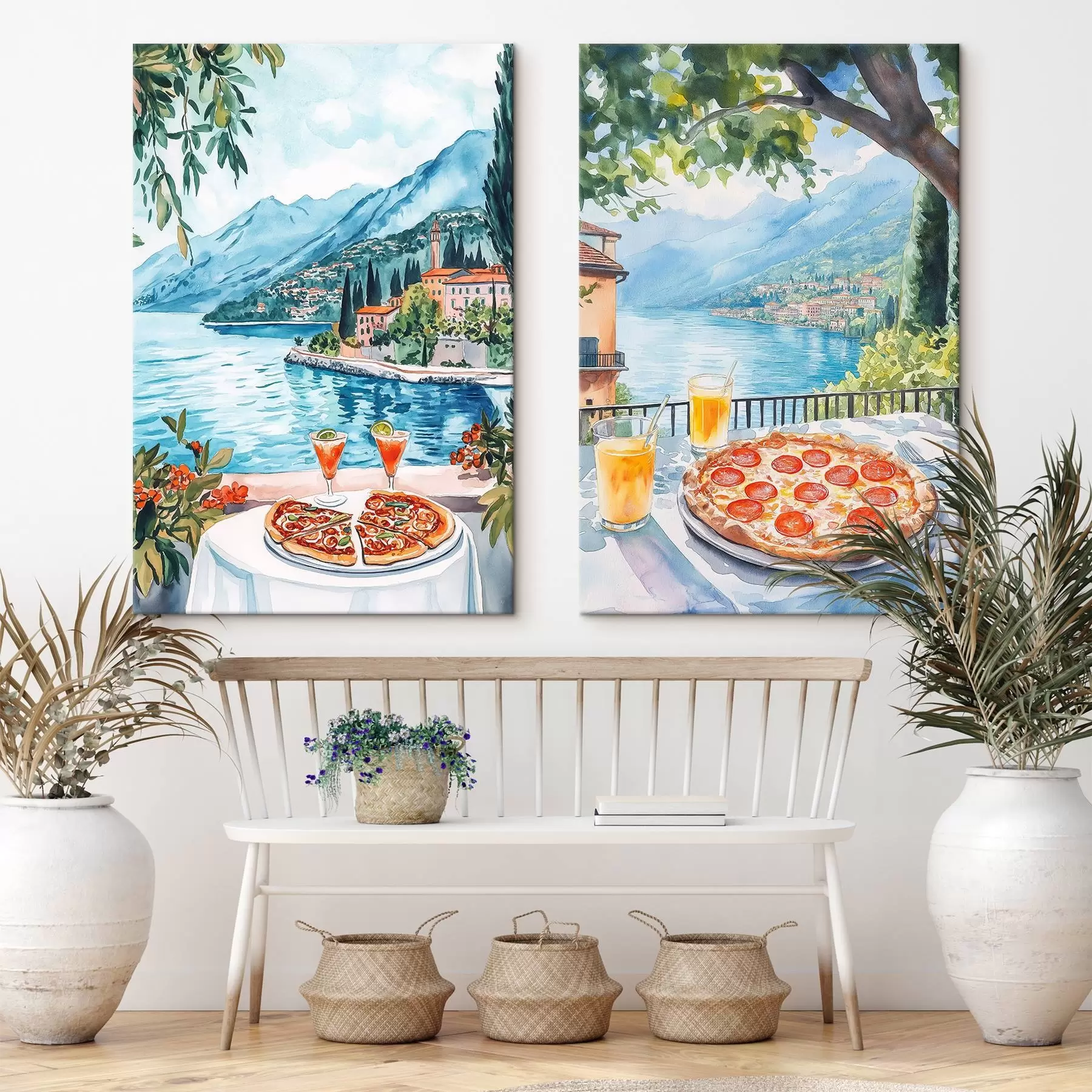 Fotobehang Comomeer, brunch in Italië, aquarelstijl, pizza margarita, zomernatuur m00406