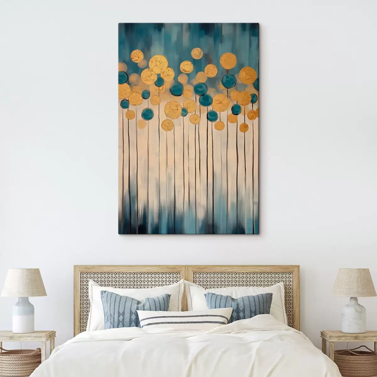  Peintures Abstraction décorative avec des éléments ronds sur fond bleu et beige s42476