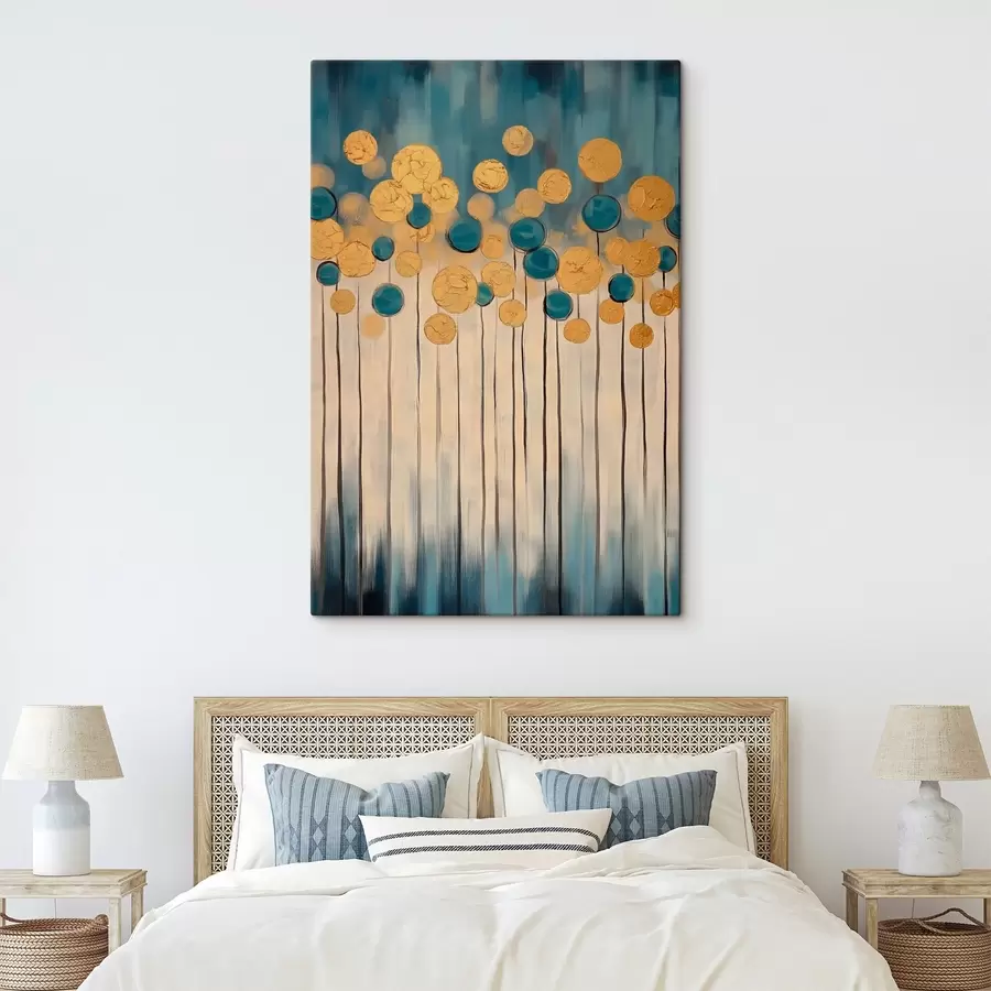  Schilderijen Decoratieve abstractie met ronde elementen op blauwe en beige achtergrond s42476