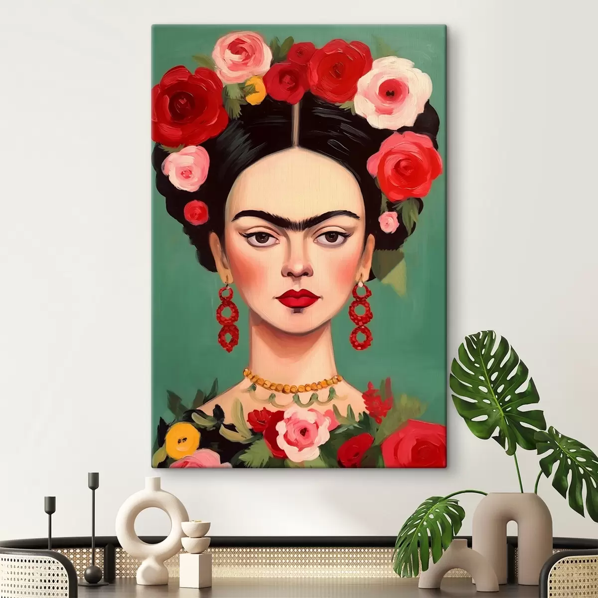  Peintures Portrait de Frida avec une couronne de fleurs sur fond vert s42485