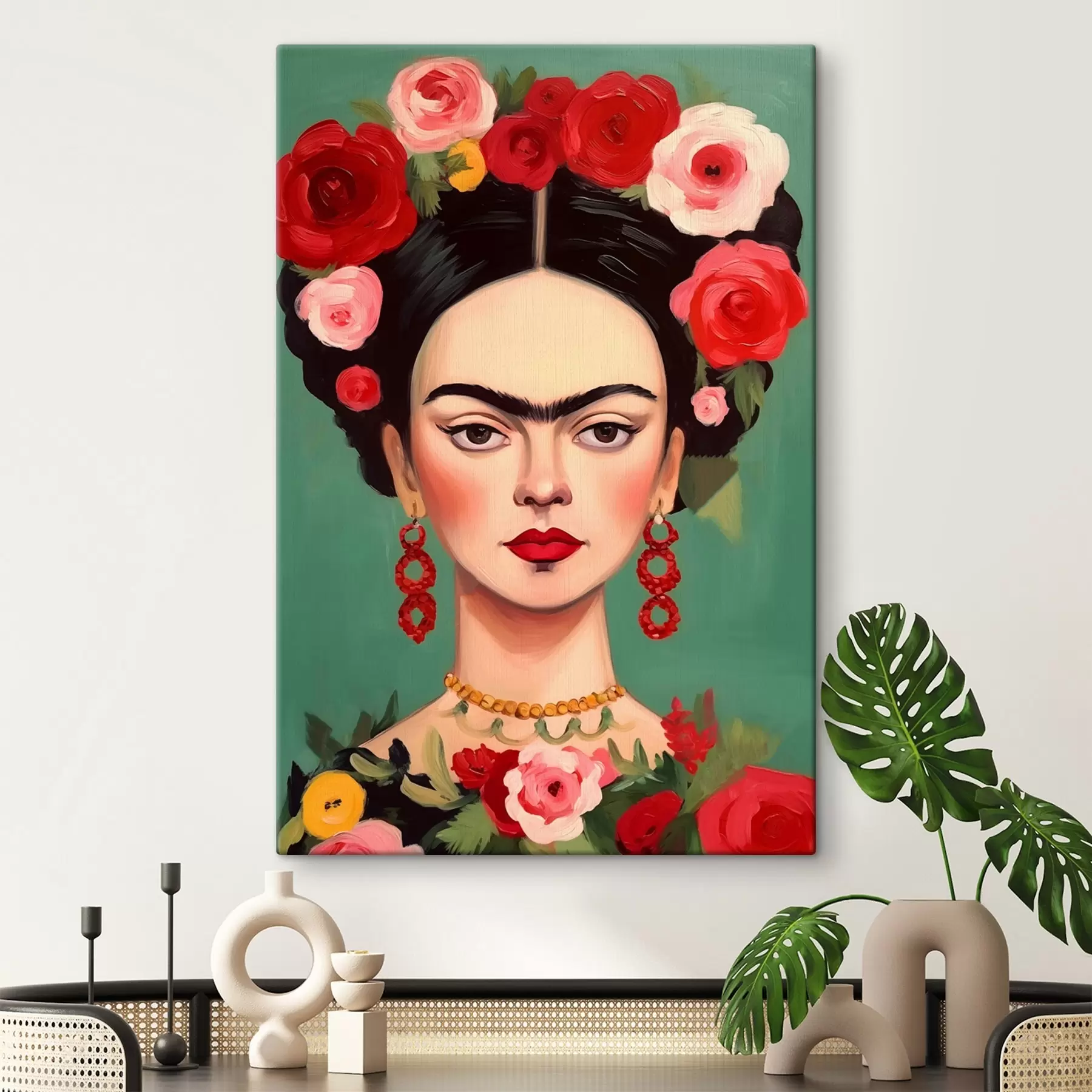 Fotobehang Portret van Frida met een bloemenkrans op een groene achtergrond s42485