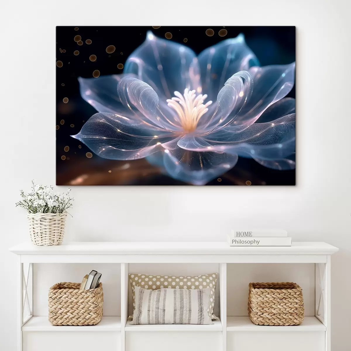  Schilderijen Lichte bloem met transparante bloemblaadjes op donkere achtergrond s42488