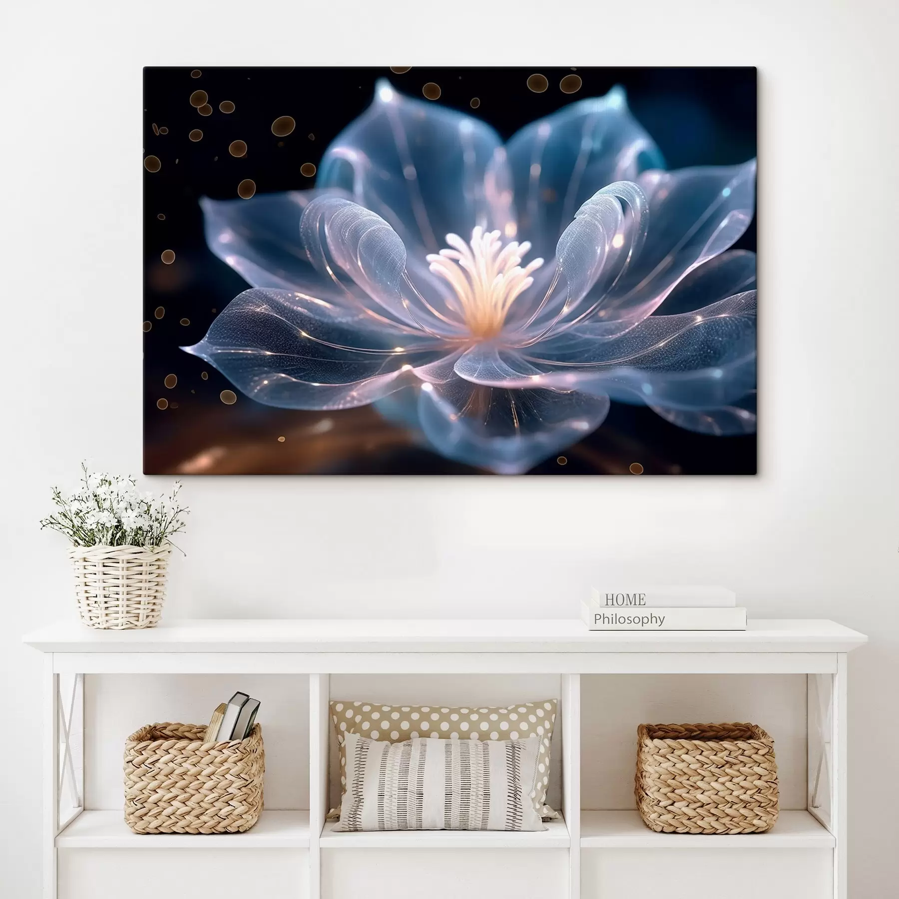 Fotobehang Lichte bloem met transparante bloemblaadjes op donkere achtergrond s42488