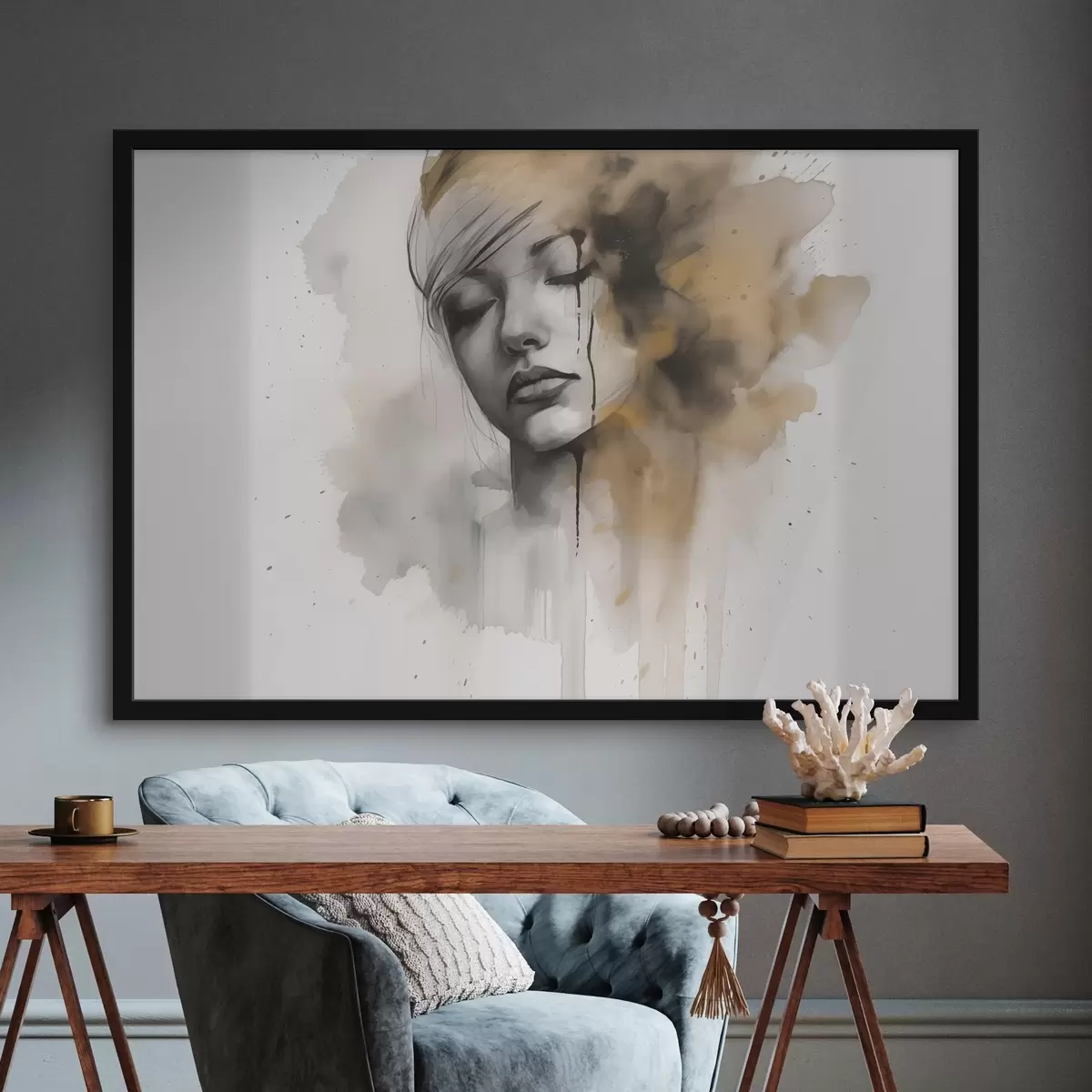 Poster Portret van een meisje in aquareltechniek met abstracte schaduwen f42474