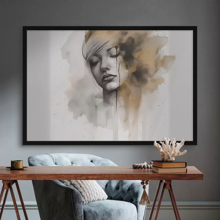 Papier peint photo Portrait d'une jeune fille à l'aquarelle avec des ombres abstraites f42474