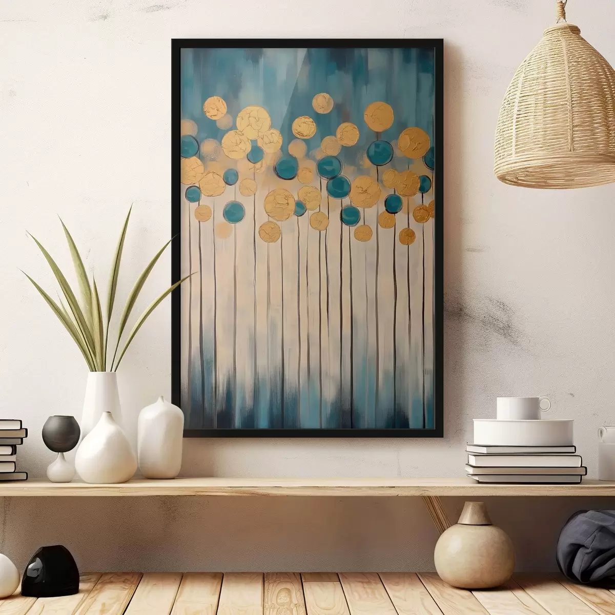 Affiche Abstraction décorative avec des éléments ronds sur fond bleu et beige f42476