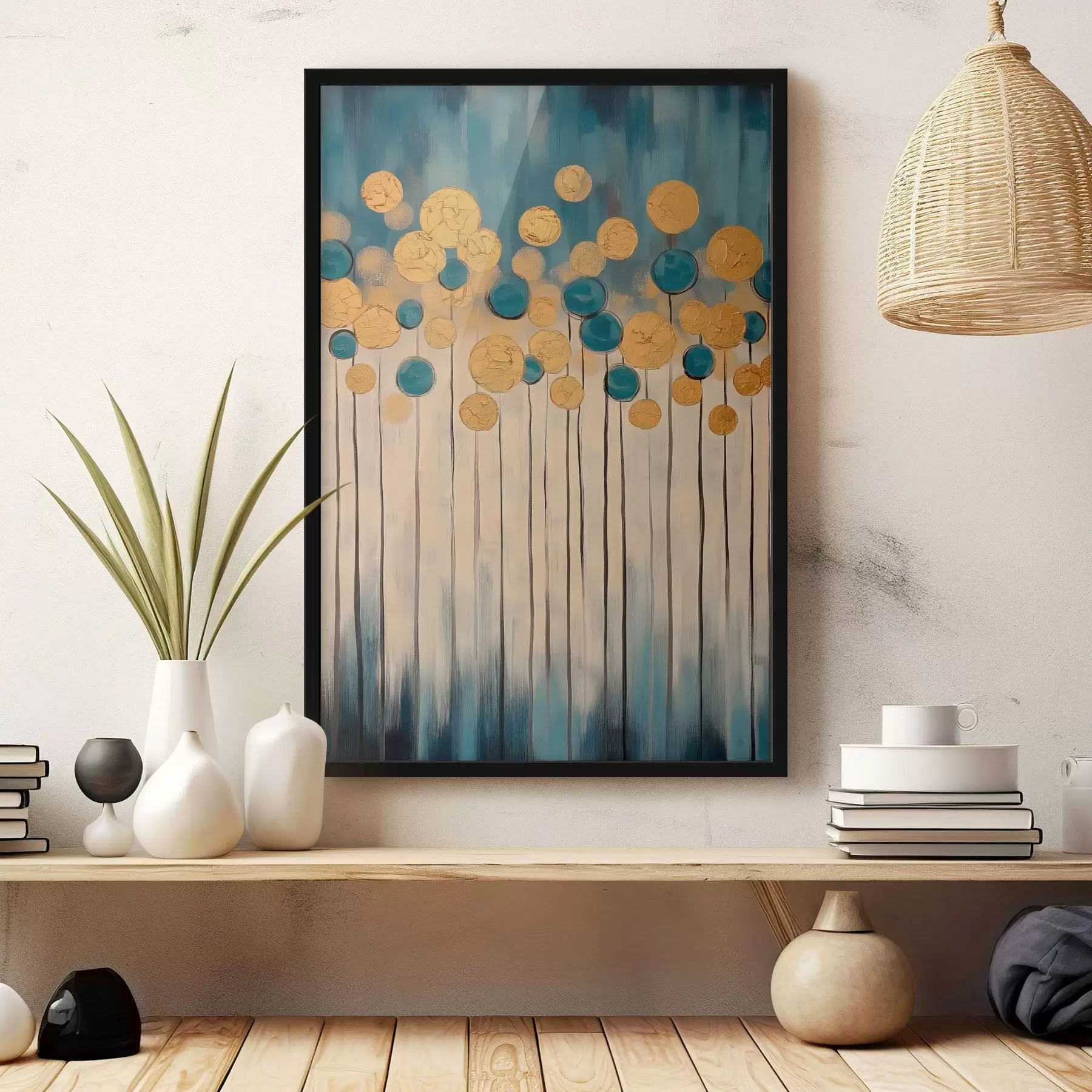 Papier peint photo Abstraction décorative avec des éléments ronds sur fond bleu et beige f42476