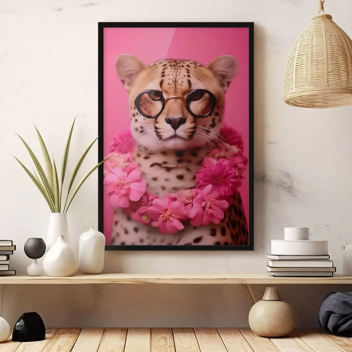 Poster Cheetah in bril met bloemenslinger f42477