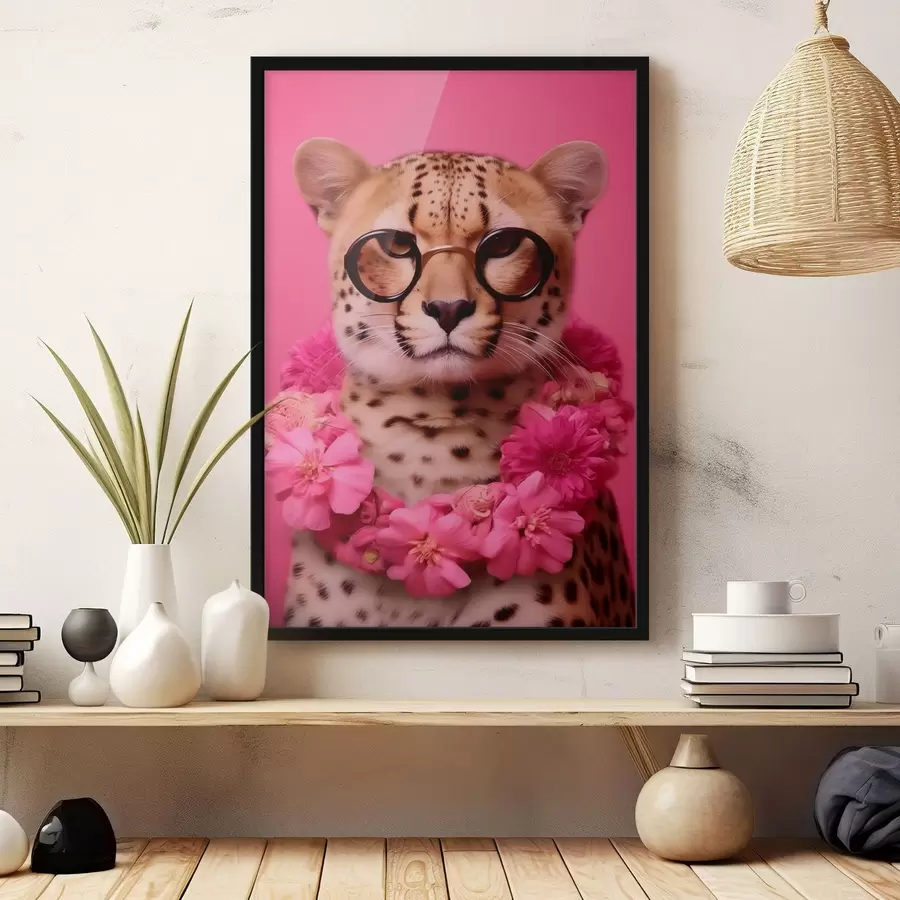 Papier peint photo Guépard en lunettes avec guirlande de fleurs f42477