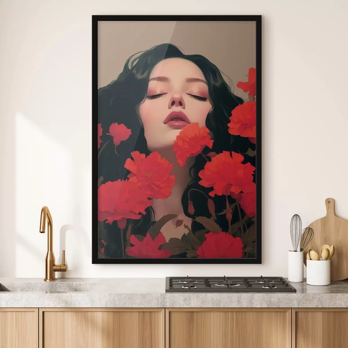 Affiche Portrait de femme parmi des fleurs rouges f42478
