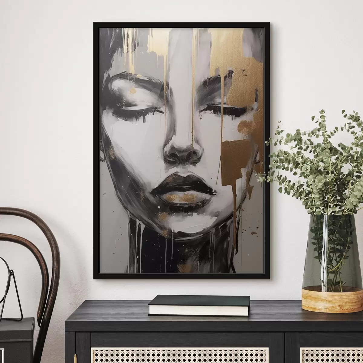Poster Zwart-wit portret met abstracte elementen f42481
