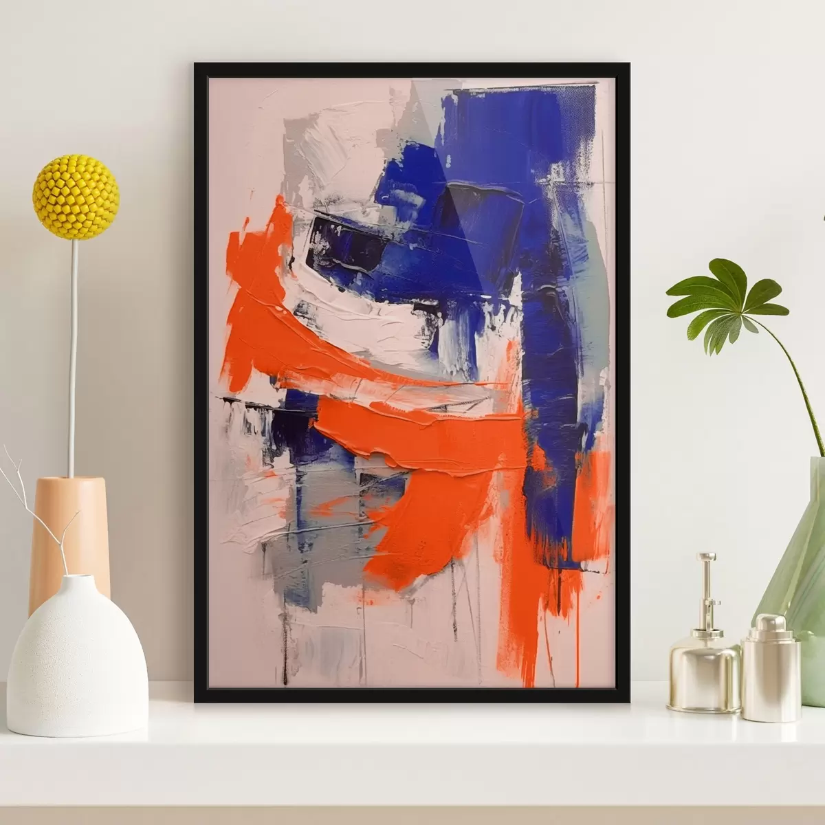 Poster Abstracte compositie met fel oranje en blauwe accenten f42482