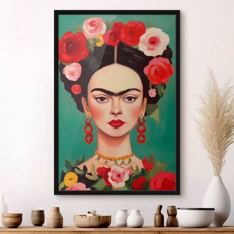  Peintures Portrait de Frida avec une couronne de fleurs sur fond vert f42485