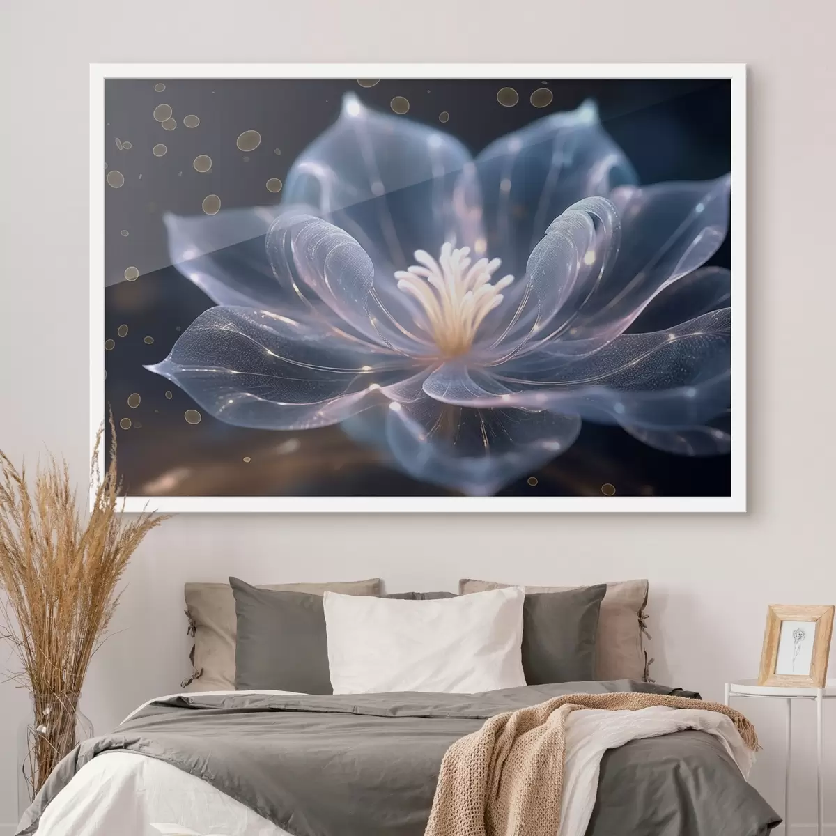 Poster Lichte bloem met transparante bloemblaadjes op donkere achtergrond f42488