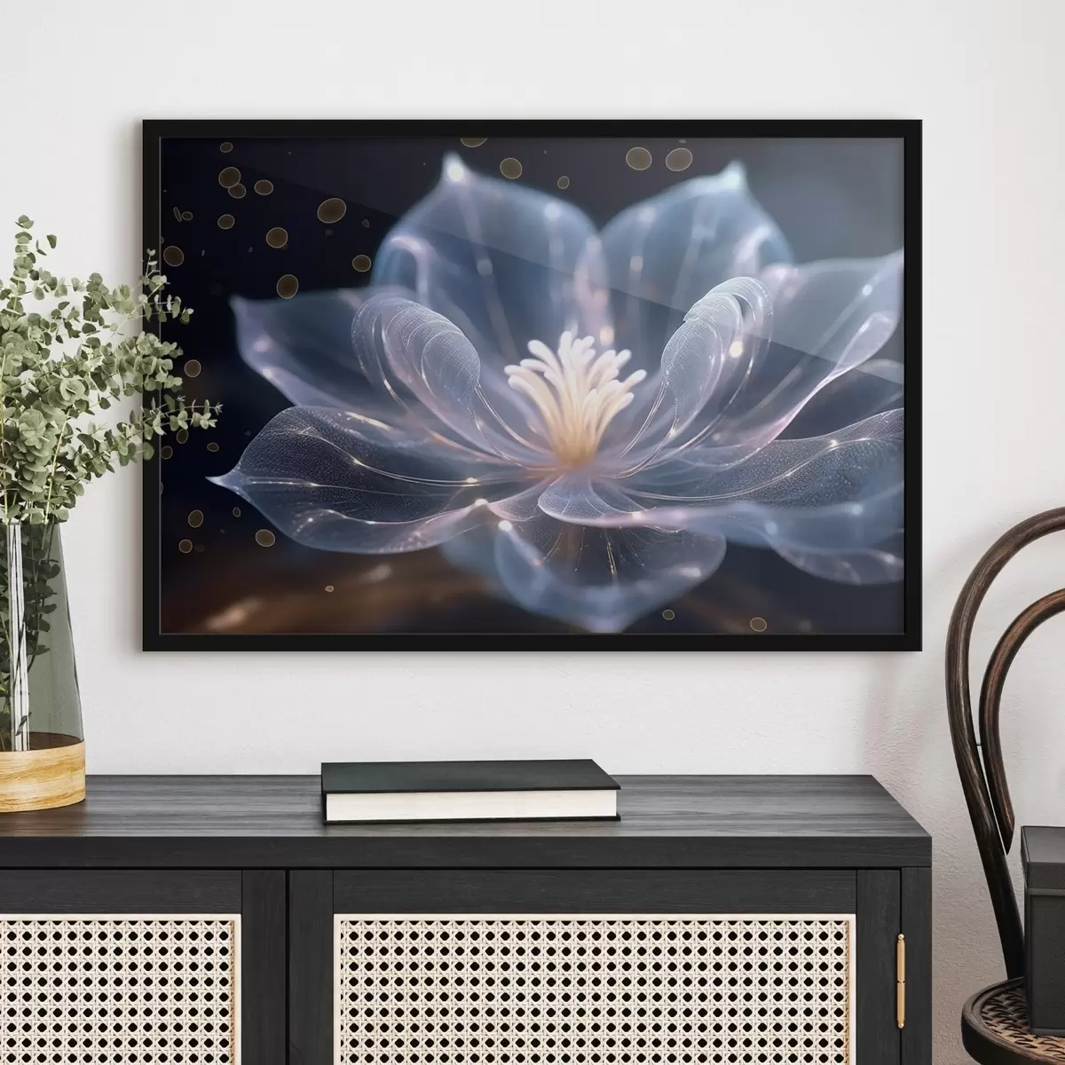 Affiche Fleur claire aux pétales transparents sur fond sombre f42488