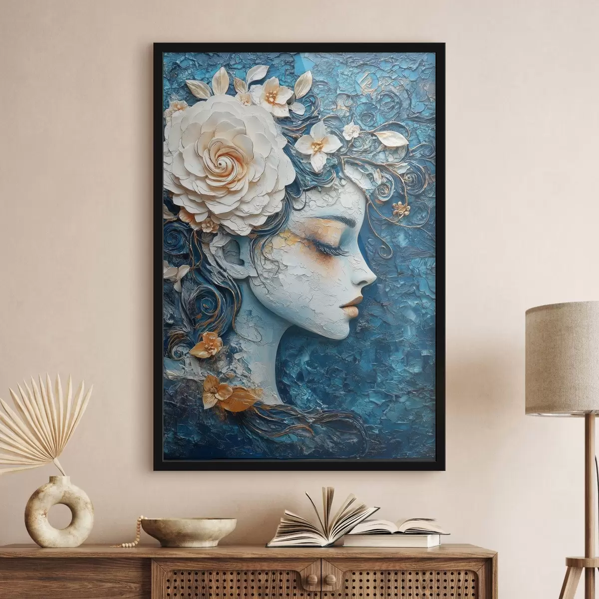 Poster Tekening van een meisje in profiel in blauwe tinten f42495