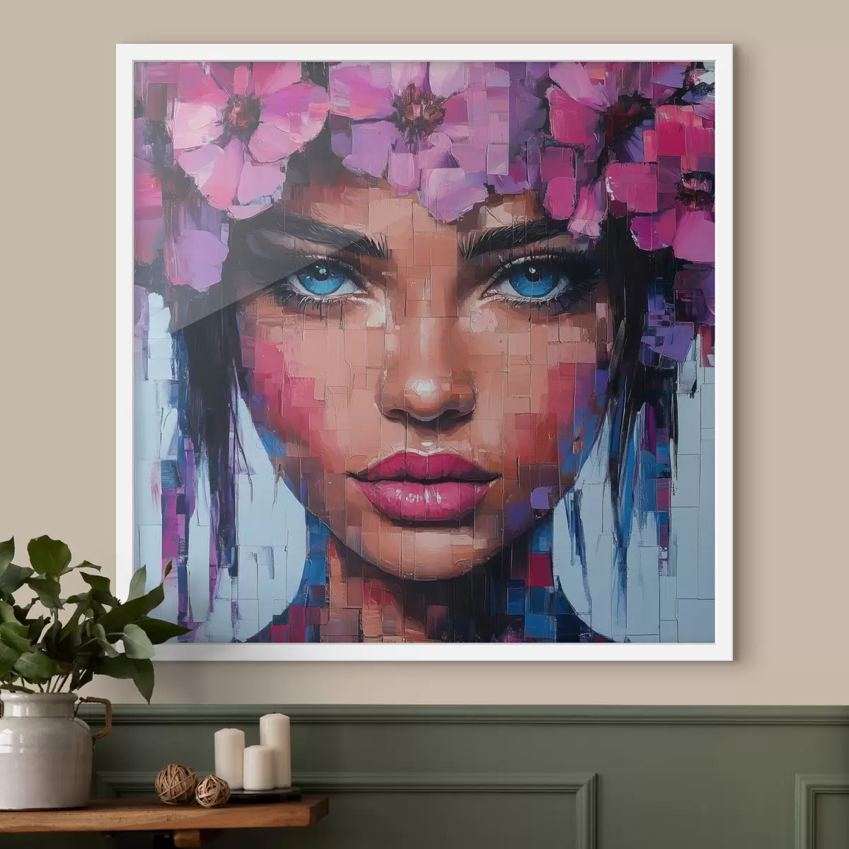 Poster Portret van een meisje gemaakt van mozaïekstukjes f42504