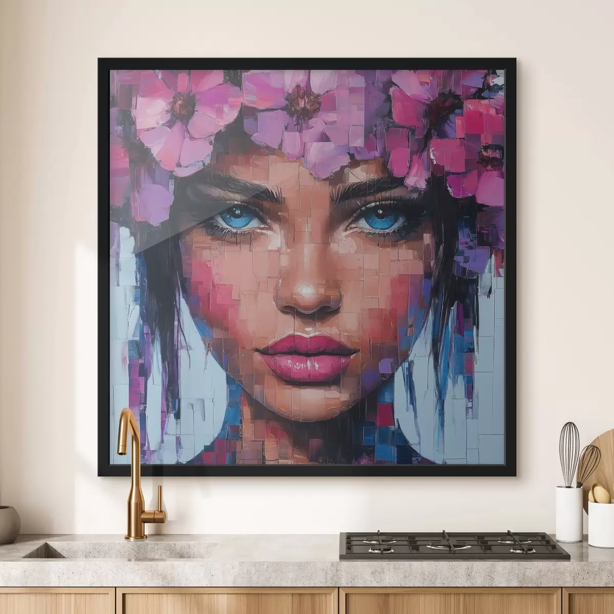 Poster Portret van een meisje gemaakt van mozaïekstukjes f42504