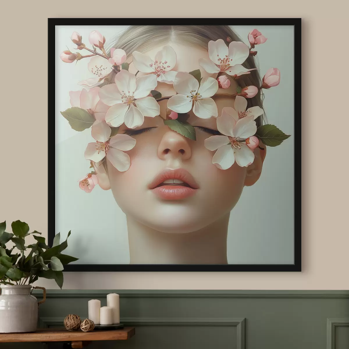 Affiche Portrait d'une jeune fille avec des fleurs sur le visage f42506