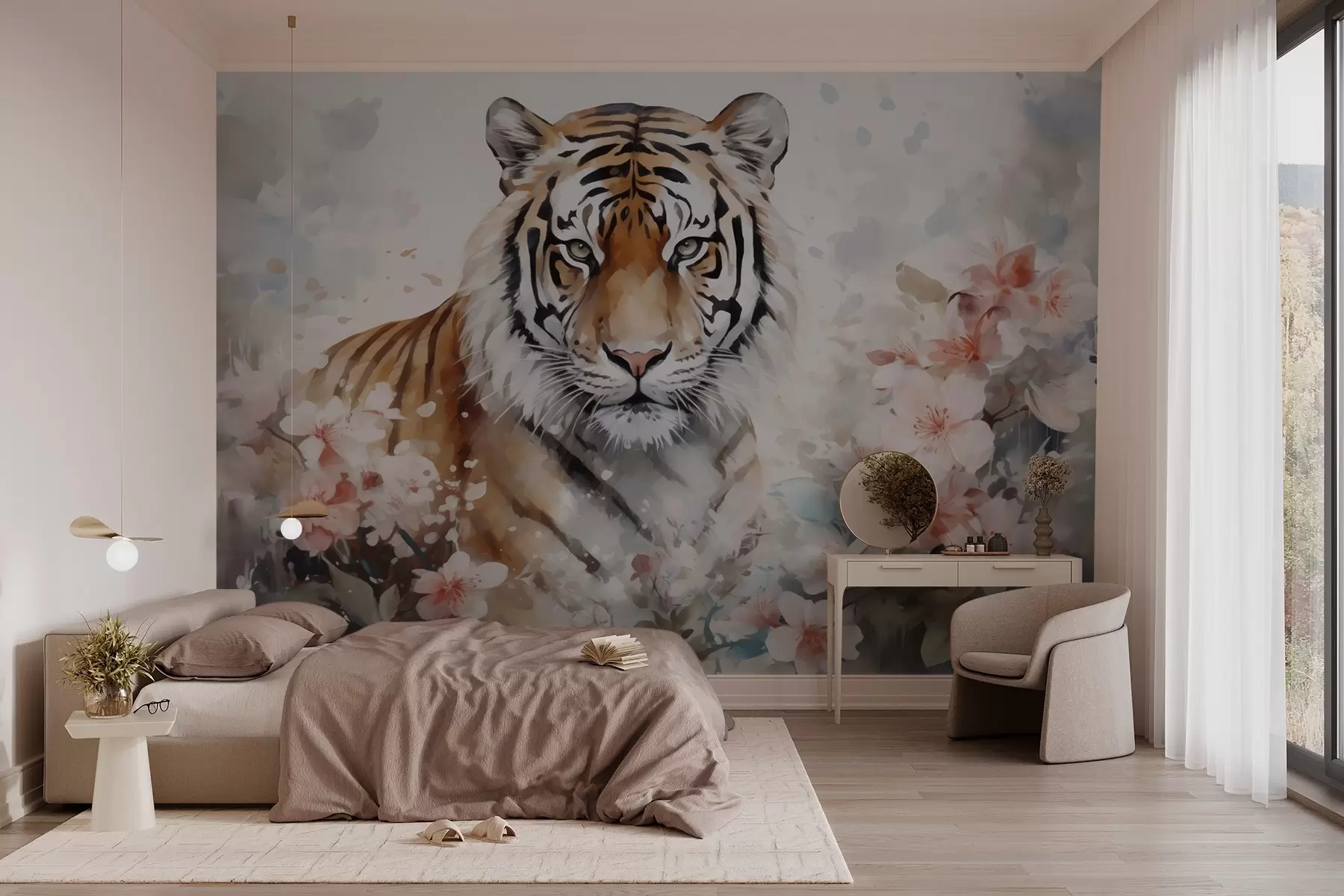 Papier peint photo Tigre abstrait dans des fleurs imitation aquarelle w02892