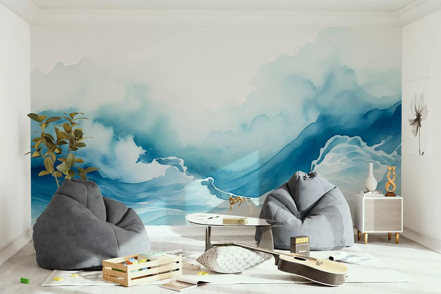 Fotobehang Oceaangolven in aquarelstijl in blauwe tinten w08655