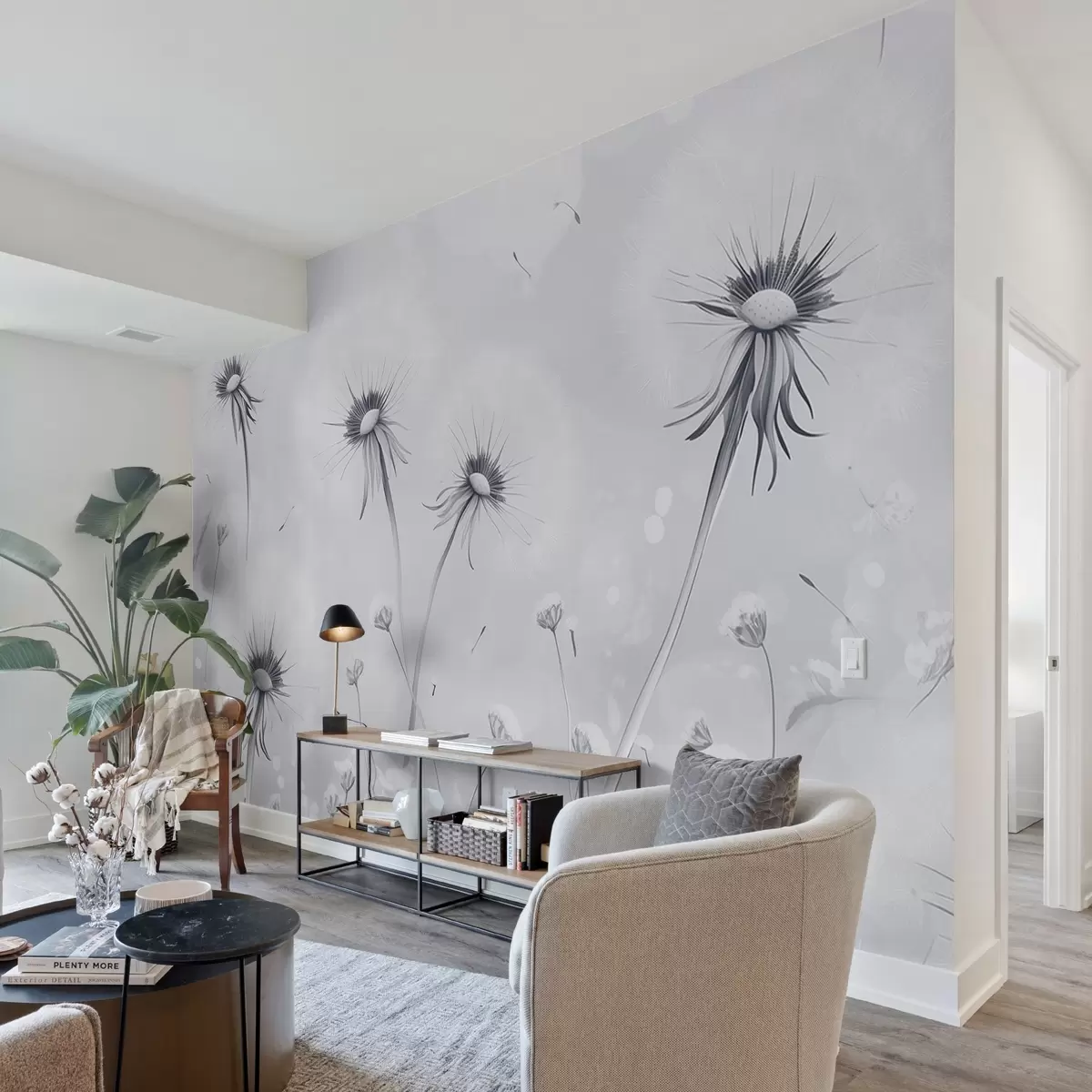 Fotobehang Elegante paardenbloemen en wilde bloemen in schilderstijl in blauwe tinten w08657v2