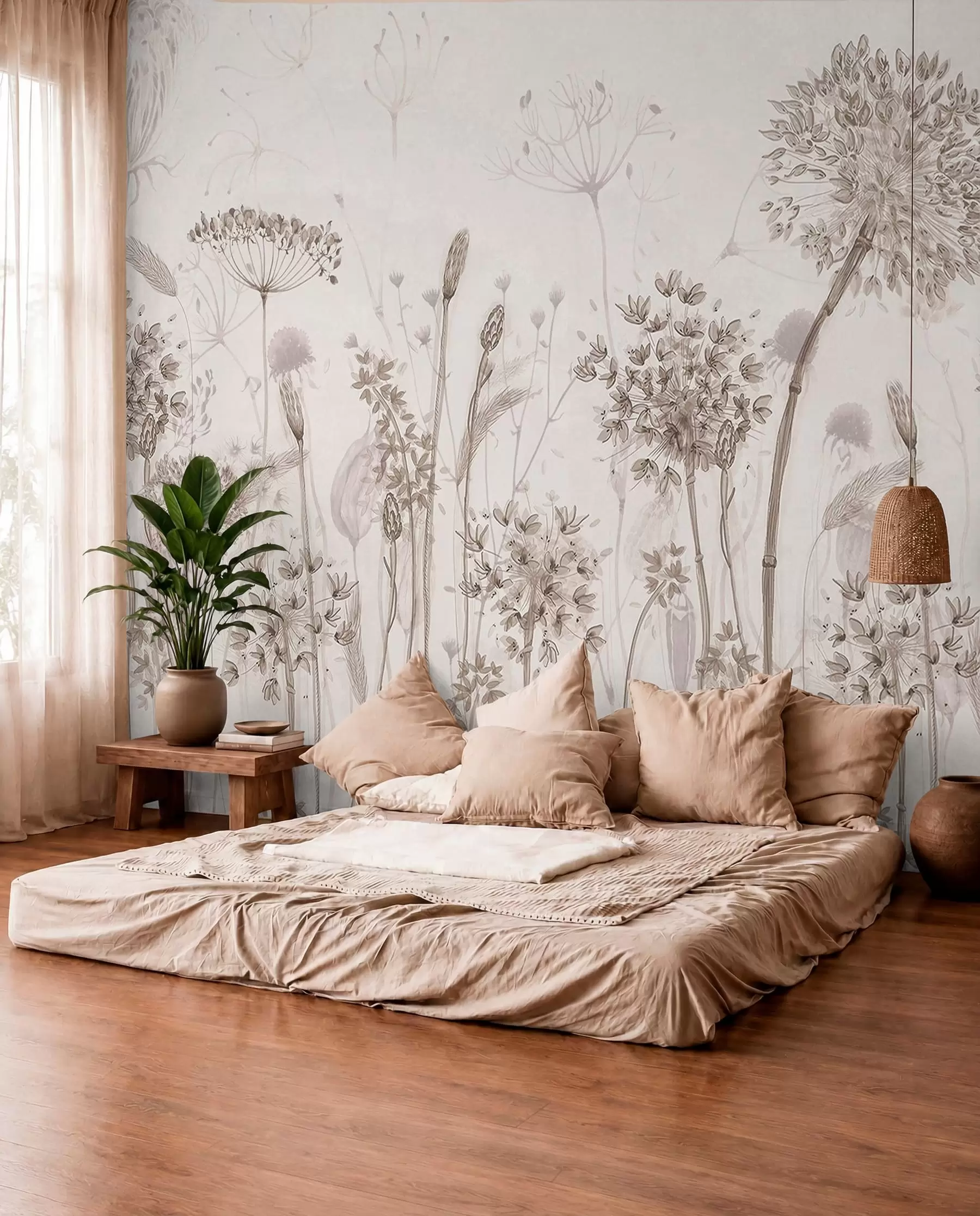Fotobehang Luchtige paardenbloemen en wilde bloemen in aquarelstijl w08637