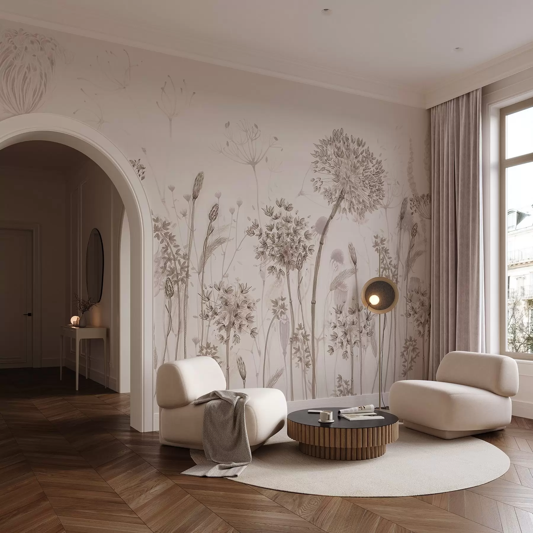 Fotobehang Luchtige paardenbloemen en wilde bloemen in aquarelstijl w08637