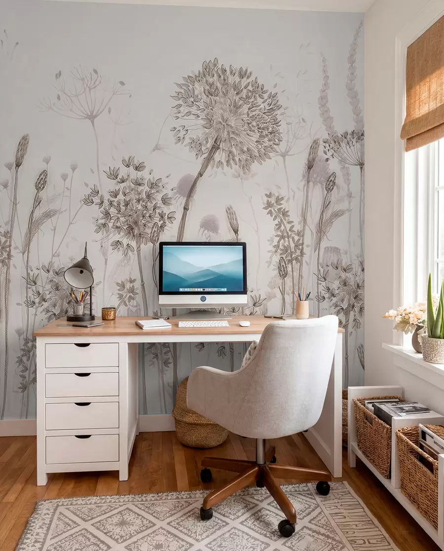 Fotobehang Luchtige paardenbloemen en wilde bloemen in aquarelstijl w08637