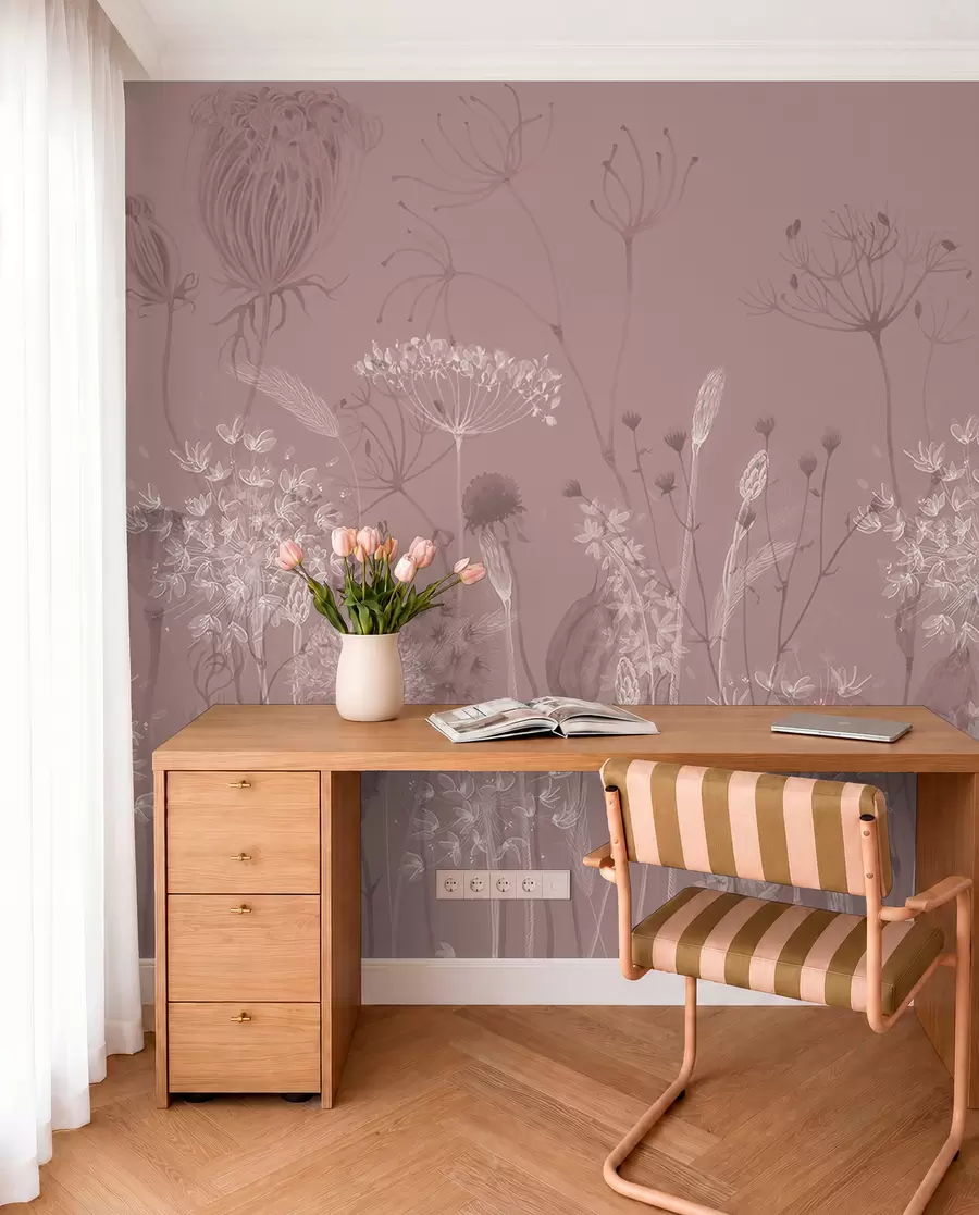 Fotobehang Luchtige paardenbloemen en wilde bloemen in aquarelstijl in roze tinten w08637v1